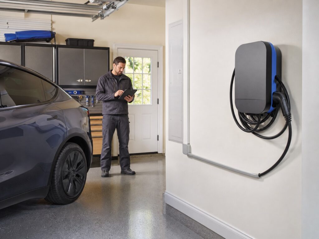 Home EV charger installed in a Cary garage