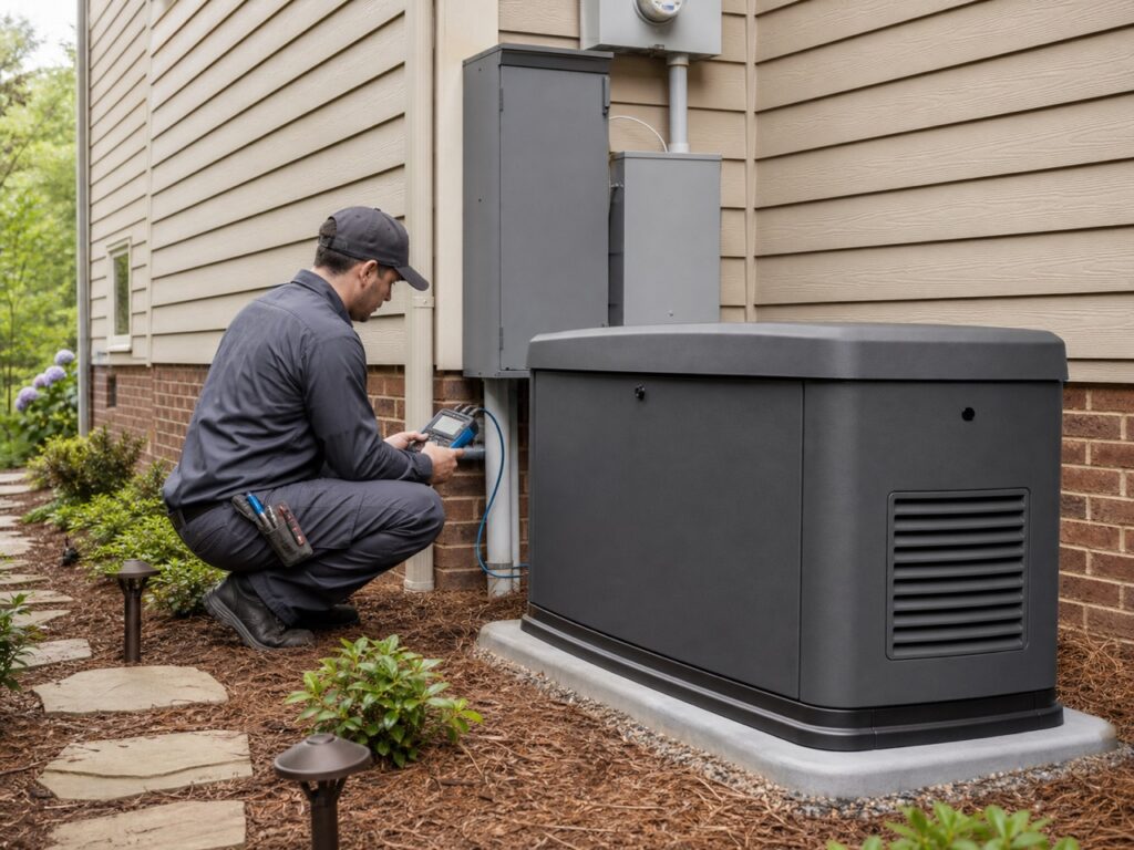 Electrician commissioning a residential standby generator