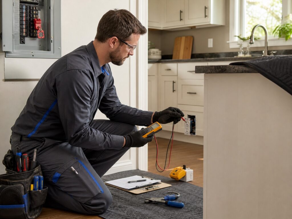 Electrician troubleshooting a kitchen circuit