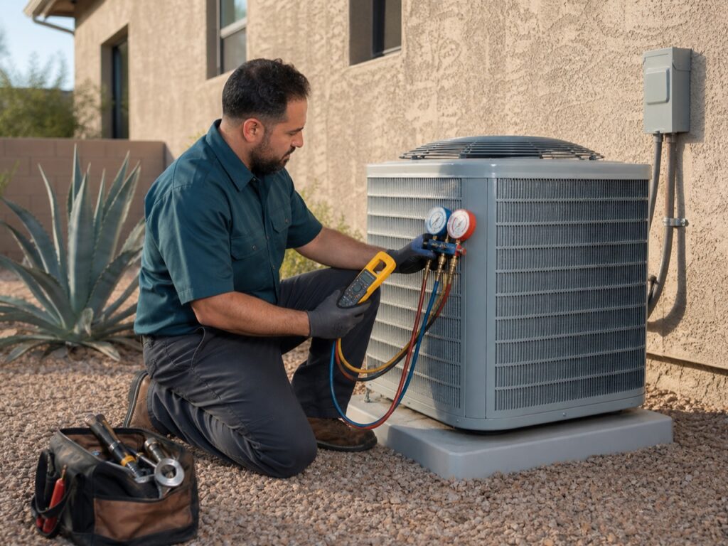 HVAC technician diagnosing an air conditioner in Mesa
