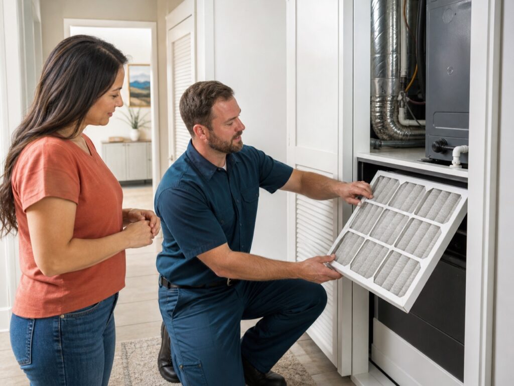 Technician reviewing an HVAC filtration system with a homeowner