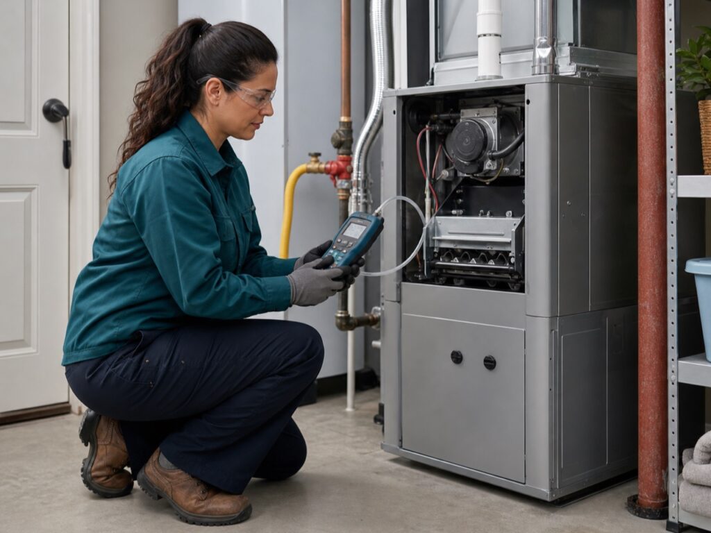 Technician performing a furnace safety check
