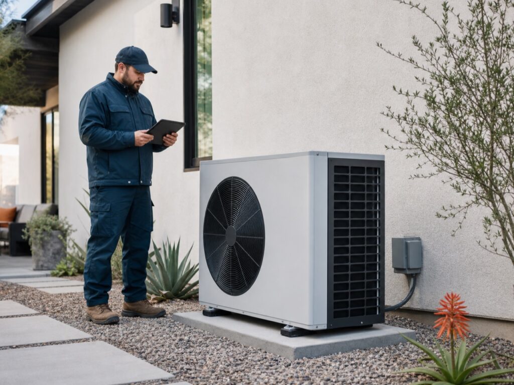 Technician checking a residential heat pump