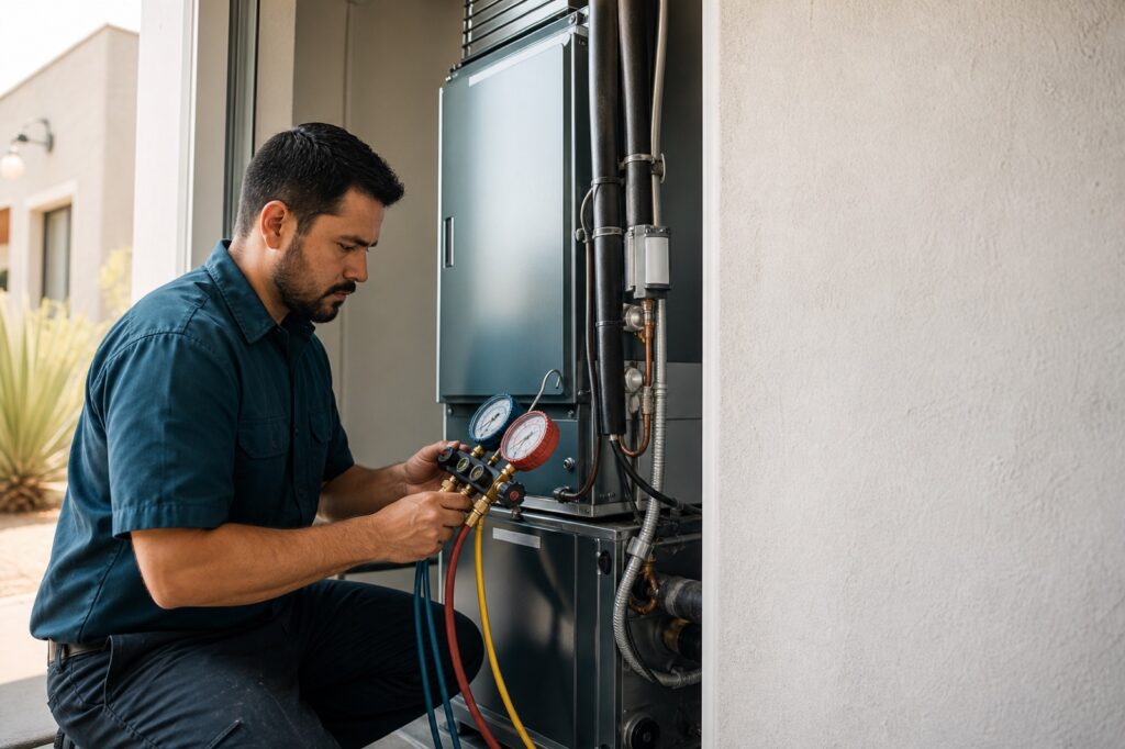Temperra technician checking an HVAC air handler in a Mesa home