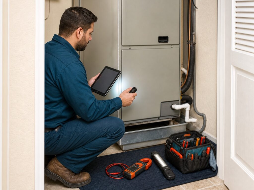 Seasonal HVAC maintenance visit with documented system readings