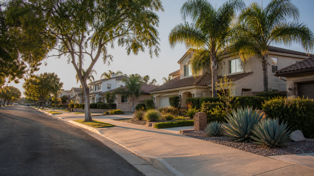 Corona residential street with stucco homes and water-conscious landscaping