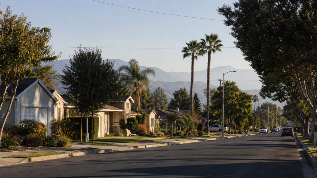 Residential street with mature landscaping in Riverside, California