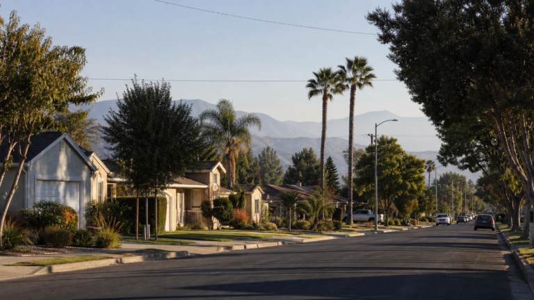 Residential street with mature landscaping in Riverside, California