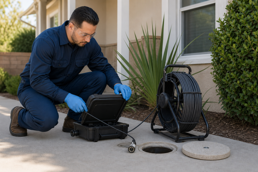 Plumber preparing drain inspection equipment at a residential cleanout