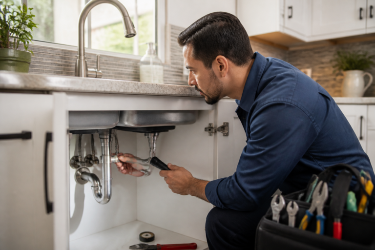 Plumber checking a kitchen faucet and supply connections in a Riverside home