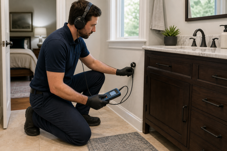Plumber checking a wall and nearby fixture for signs of a hidden leak