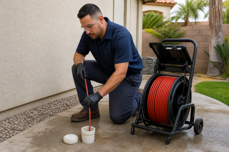 Plumber guiding a sewer inspection camera through a residential cleanout in Corona