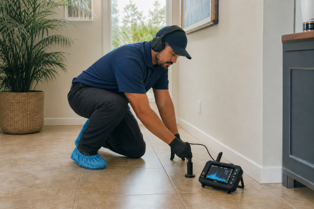 Plumber assessing tile flooring for signs of a concealed slab leak