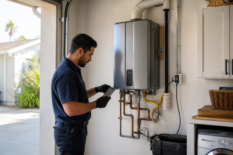 Plumber checking a wall-mounted tankless water heater in a Riverside garage
