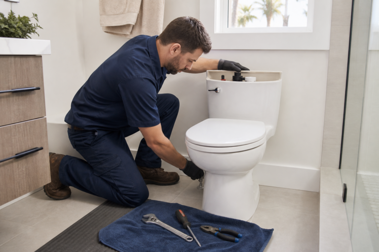 Plumber inspecting toilet tank components and the fixture base in a Corona bathroom