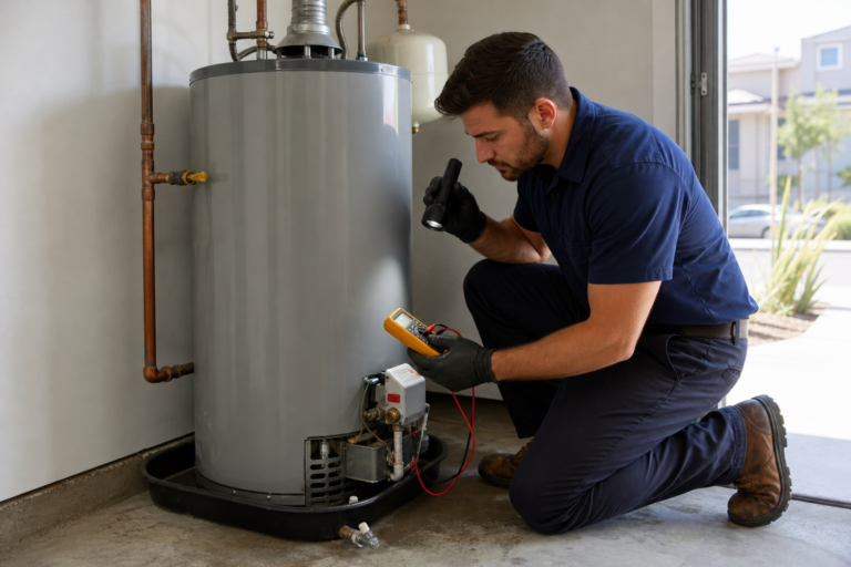 Plumber inspecting a residential tank water heater in a garage