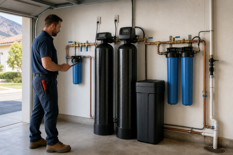 Plumber reviewing whole-home filtration and softener equipment in a Riverside garage
