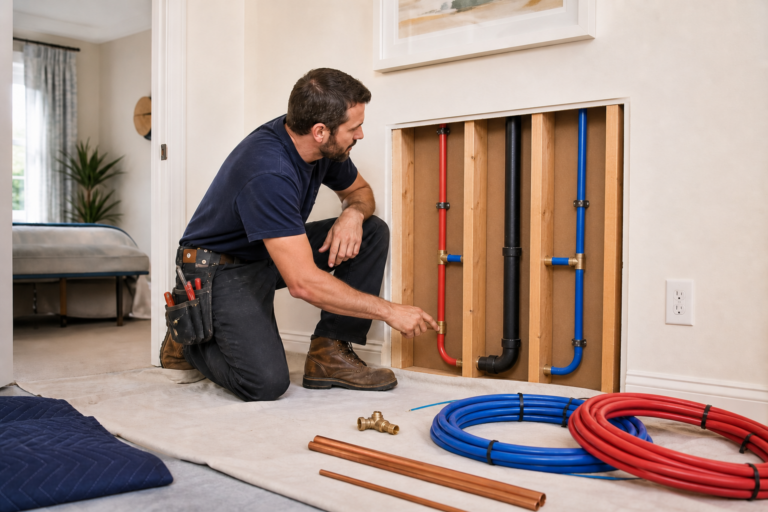 Plumber planning a whole-home repiping route through protected interior access